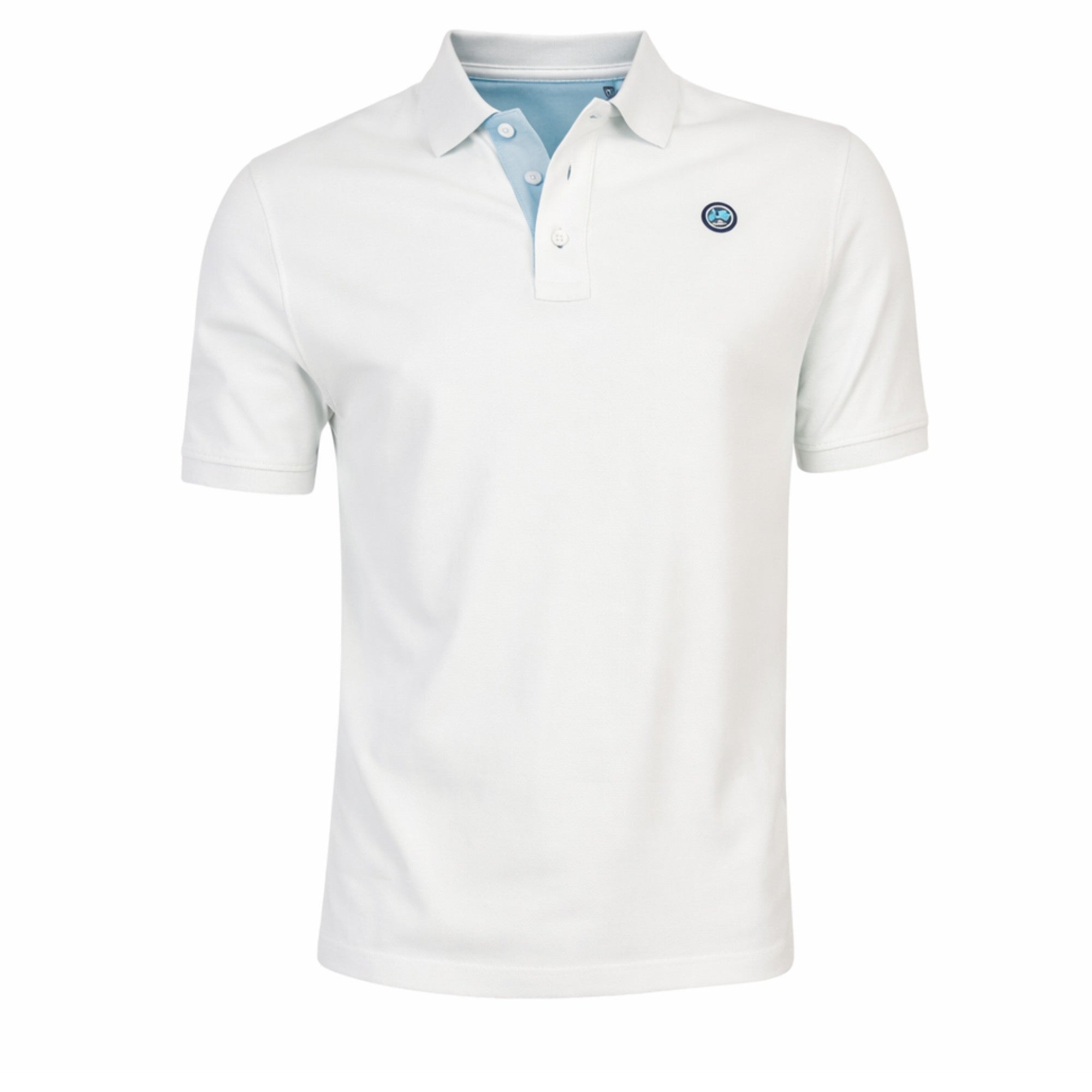 Polo de hombre en color blanco granítico con detalle en azul claro en el interior del cuello, tejido 100% algodón con elastano para mayor comodidad y estilo casual.