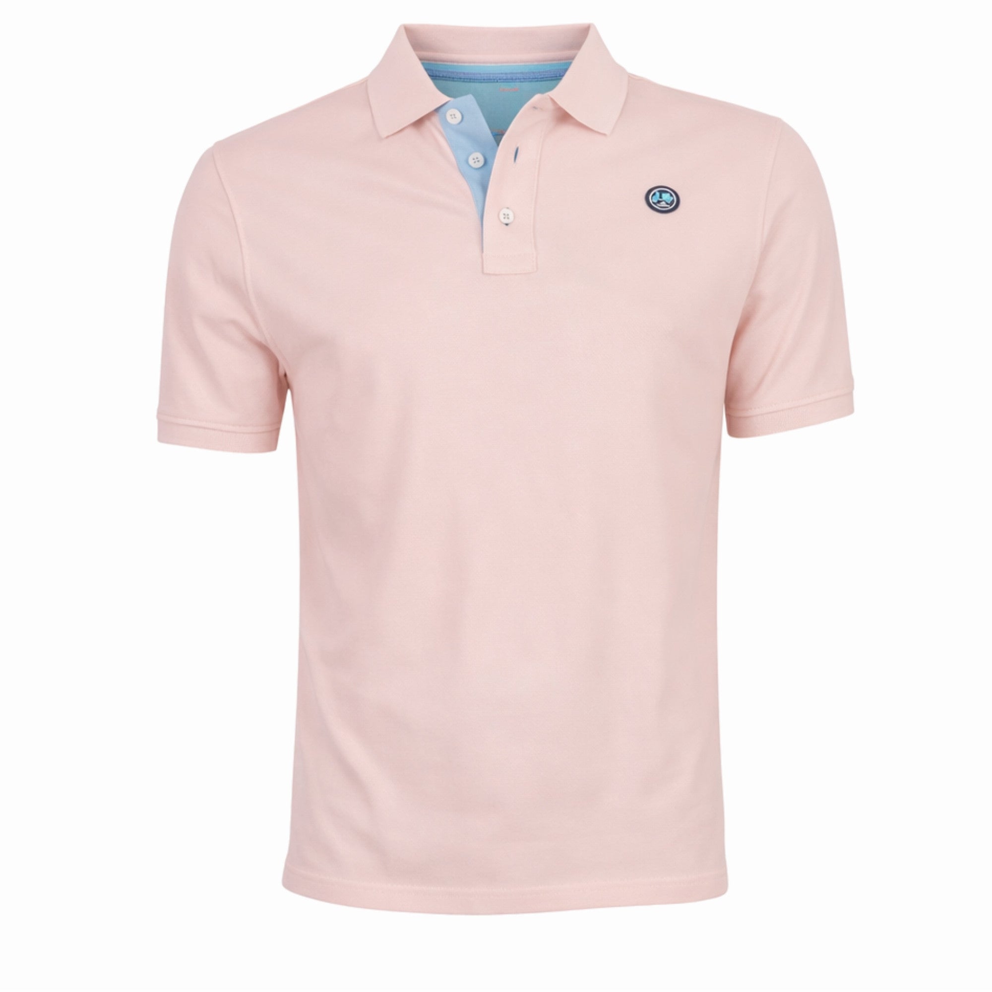Polo de hombre en color rosa melocotón claro, tejido 100% algodón con detalle de botones y logo discreto, ideal para moda masculina premium.