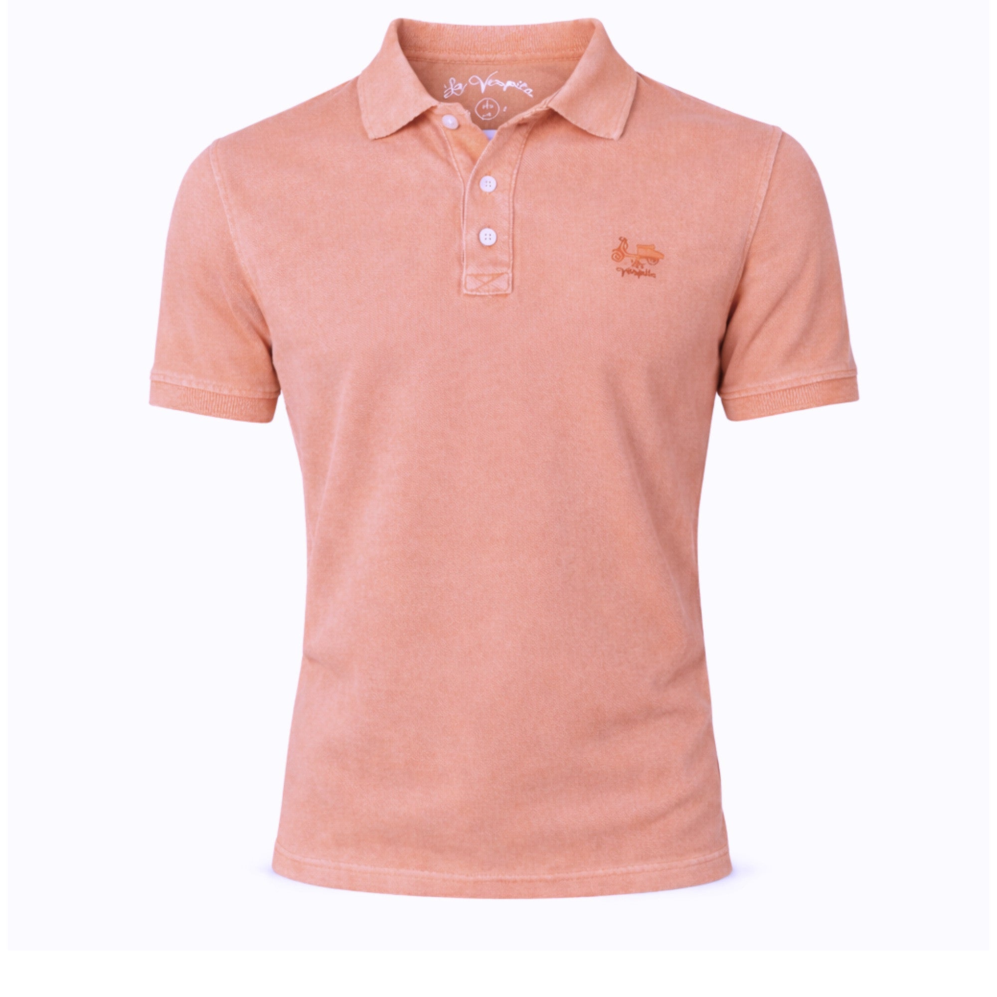 Polo casual para hombre color naranja coral con efecto lavado, de algodón y elastano, diseño premium ideal para moda masculina de calidad en tienda multimarca.