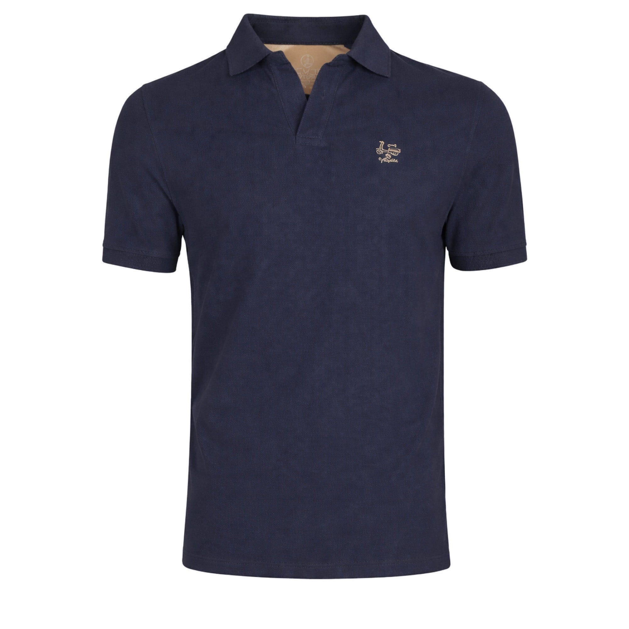 Polo azul marino para hombre de algodón 100%, con cuello en V y diseño liso, ideal para moda masculina premium y disponible en varias tallas.