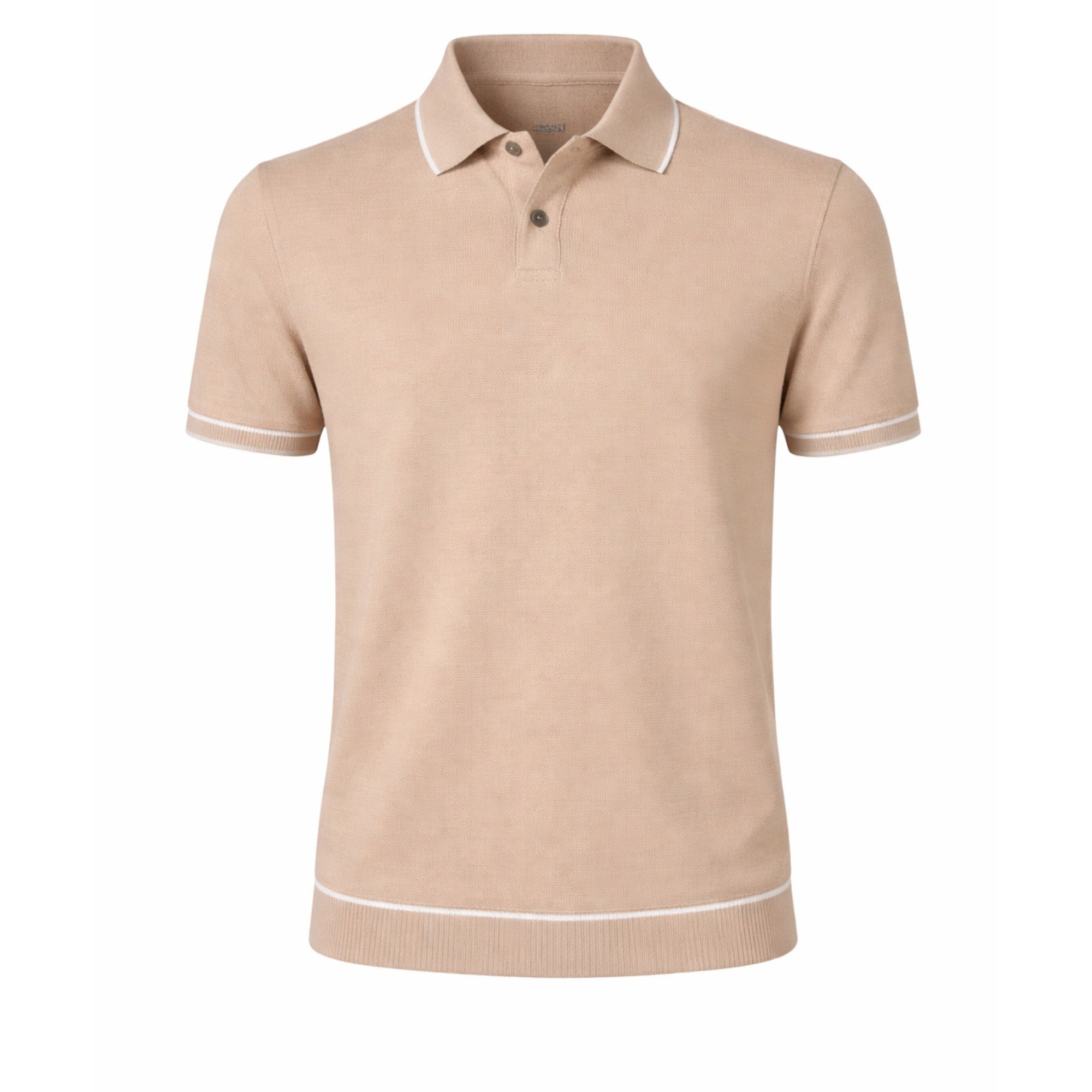 Polo hombre color beige en tejido tricotosa con detalle blanco en cuello, mangas y bajo, estilo clásico y elegante para moda masculina premium.